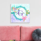 Cute Monogram Mermaid Blauwgroen en Paarse Waterve Canvas Afdruk (Insitu (Woonkamer))