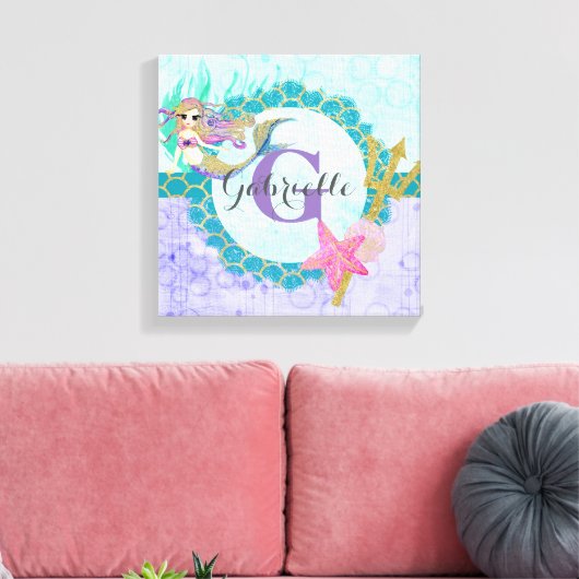 Cute Monogram Mermaid Blauwgroen en Paarse Waterve Canvas Afdruk (Insitu (Woonkamer))