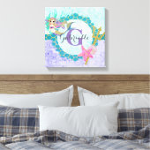 Cute Monogram Mermaid Blauwgroen en Paarse Waterve Canvas Afdruk (Insitu (Slaapkamer))