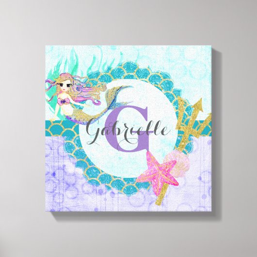 Cute Monogram Mermaid Blauwgroen en Paarse Waterve Canvas Afdruk (Voorkant)