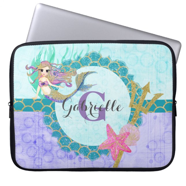 Cute Monogram Mermaid Blauwgroen en Paarse Waterve Laptop Sleeve (Voorkant)