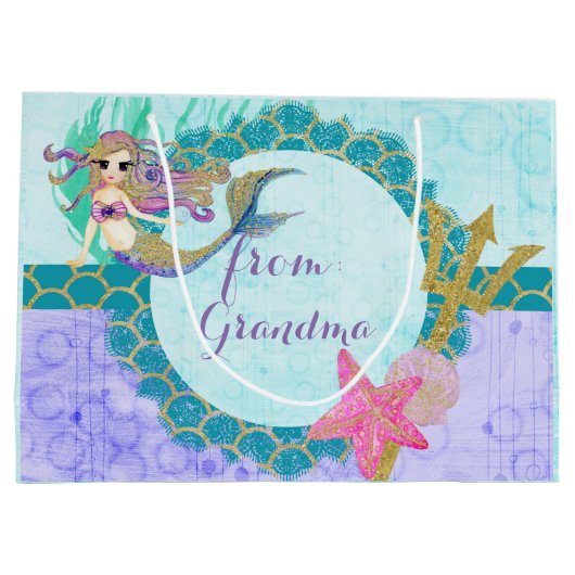Cute Monogram Mermaid Blauwgroen en Paarse Waterve Large Cadeautasje (Achterkant)