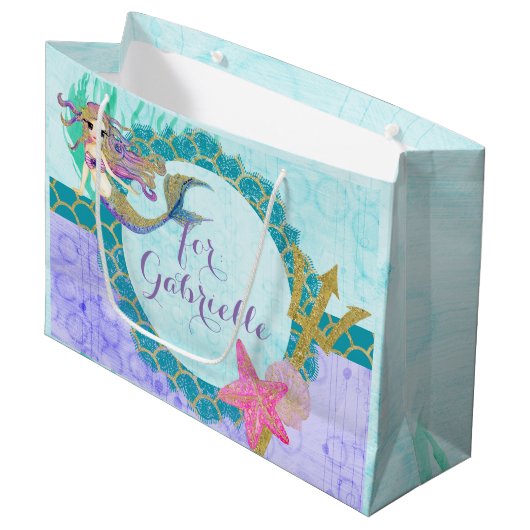 Cute Monogram Mermaid Blauwgroen en Paarse Waterve Large Cadeautasje (Voorkant Gekanteld)