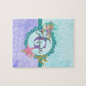 Cute Monogram Mermaid Blauwgroen en Paarse Waterve Legpuzzel (Horizontaal)