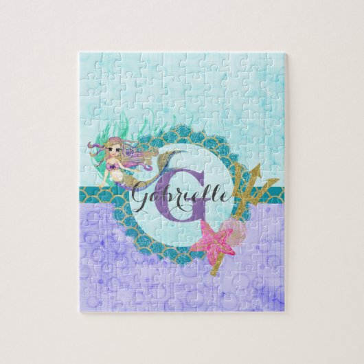 Cute Monogram Mermaid Blauwgroen en Paarse Waterve Legpuzzel (Verticaal)