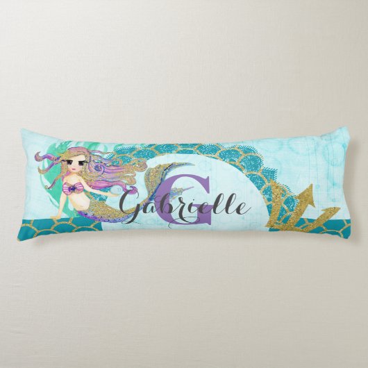 Cute Monogram Mermaid Blauwgroen en Paarse Waterve Lichaamskussen (Voorkant)