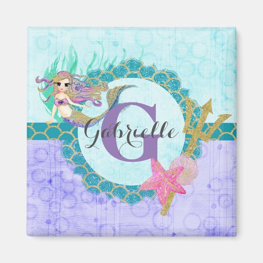 Cute Monogram Mermaid Blauwgroen en Paarse Waterve Magneet (Voorkant)