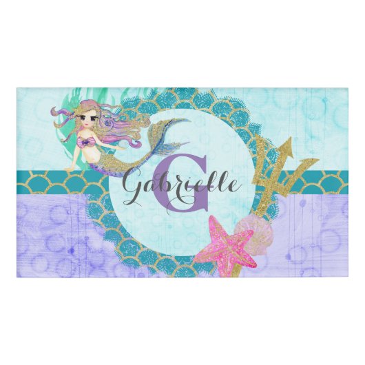 Cute Monogram Mermaid Blauwgroen en Paarse Waterve Naambadge (Voorkant)