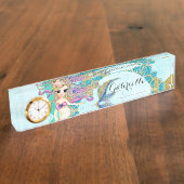 Cute Monogram Mermaid Blauwgroen en Paarse Waterve Naambordje (Zijkant)