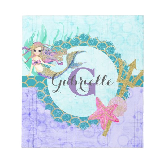 Cute Monogram Mermaid Blauwgroen en Paarse Waterve Notitieblok (Voorkant)