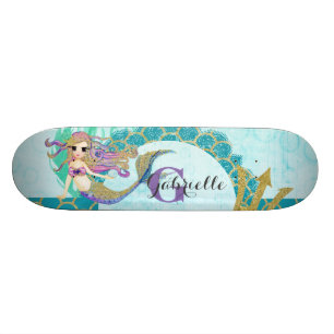 Cute Monogram Mermaid Blauwgroen en Paarse Waterve Skateboard