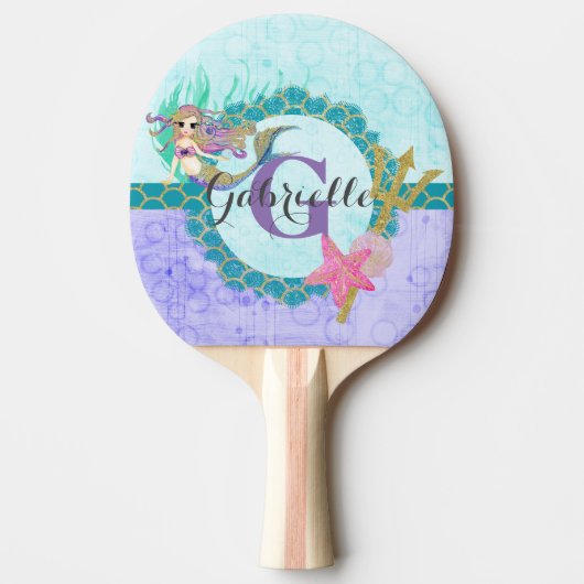 Cute Monogram Mermaid Blauwgroen en Paarse Waterve Tafeltennisbatje (Voorkant)