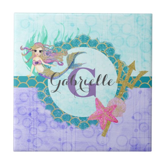 Cute Monogram Mermaid Blauwgroen en Paarse Waterve Tegeltje (Voorkant)