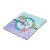 Cute Monogram Mermaid Blauwgroen en Paarse Waterve Tegeltje (Zijkant)