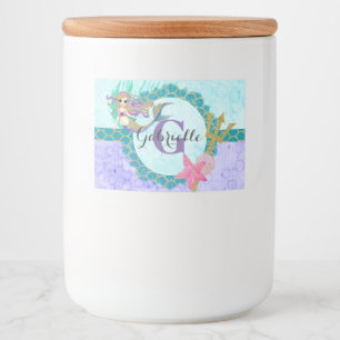 Cute Monogram Mermaid Blauwgroen en Paarse Waterve Voedselcontainer Etiket