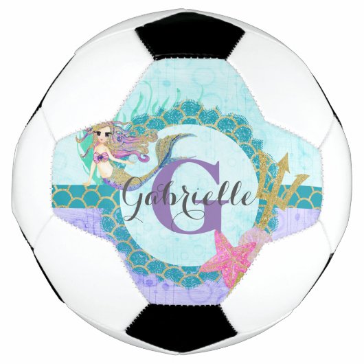 Cute Monogram Mermaid Blauwgroen en Paarse Waterve Voetbal (Voorkant)