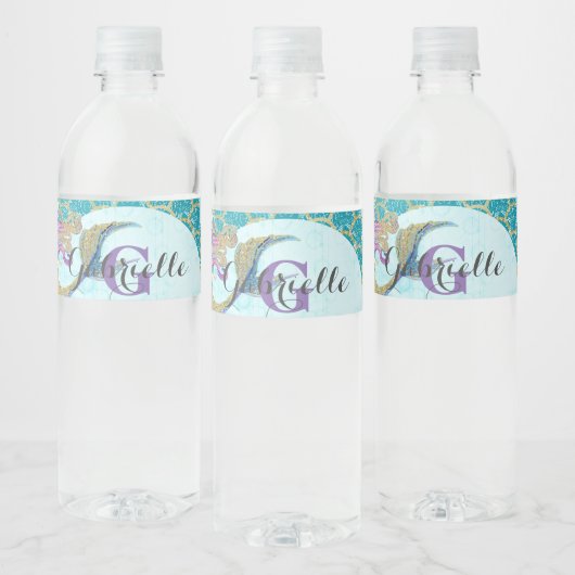 Cute Monogram Mermaid Blauwgroen en Paarse Waterve Waterfles Etiket (Flessen)