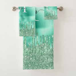 Cute Monogram Metallic Munt Green Driving Glitter Bad Handdoek
