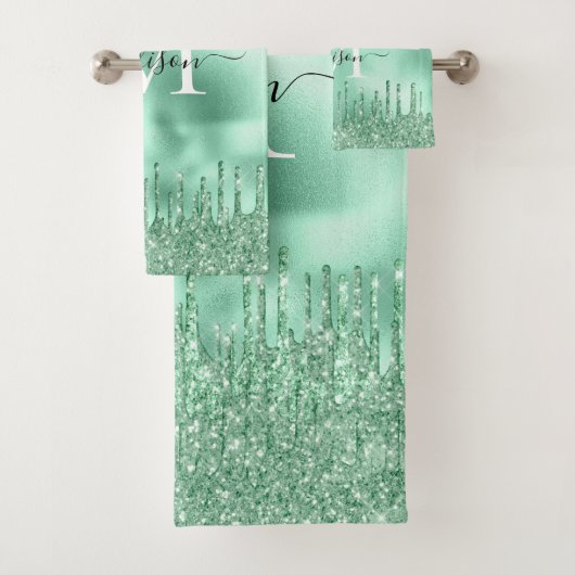 Cute Monogram Metallic Munt Green Driving Glitter Bad Handdoek (Insitu)