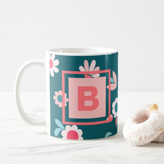 Cute Monogram Modern Pink and Blauwgroen Floral Pa Koffiemok (Met donut)
