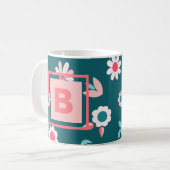 Cute Monogram Modern Pink and Blauwgroen Floral Pa Koffiemok (Voorkant links)