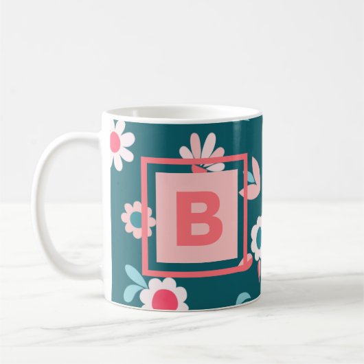 Cute Monogram Modern Pink and Blauwgroen Floral Pa Koffiemok (Links)