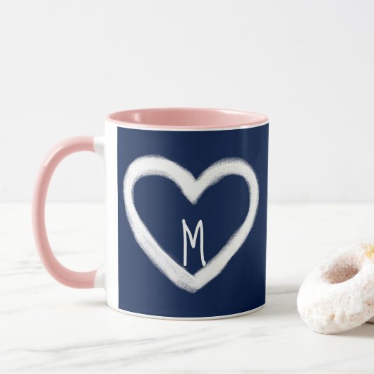 Cute Monogram Navy White Heart Valentijn Mok (Met donut)