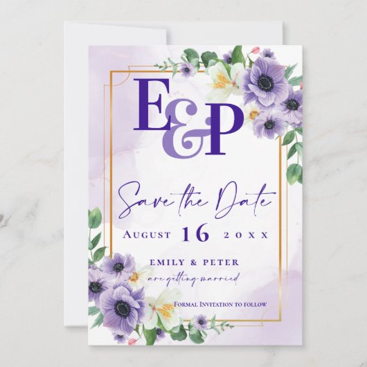 Cute Monogram Paarse Floral Wedding Save the Date (Voorkant)