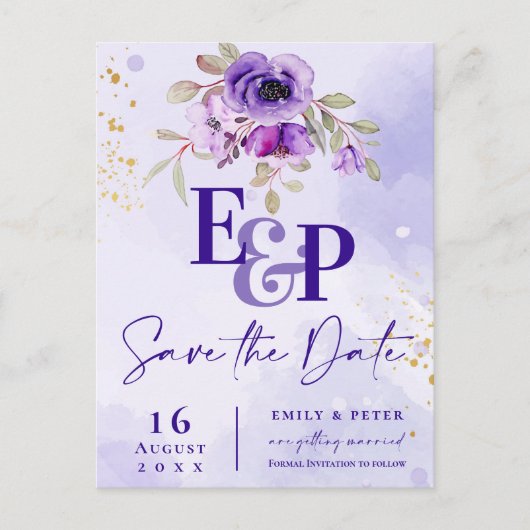 Cute Monogram Paarse Floral Wedding Save the Date Briefkaart (Voorkant)