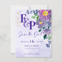 Cute Monogram Paarse Floral Wedding Save the Date