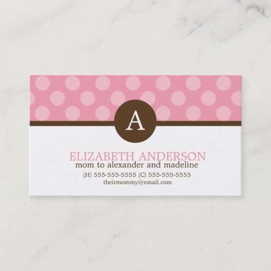 Cute Monogram Pink Polka Dots Contactkaartje (Voorkant)