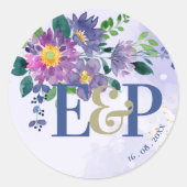 Cute Monogram Prachtige Paarse Blauwe Floral Weddi Ronde Sticker (Voorkant)