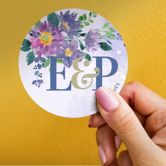 Cute Monogram Prachtige Paarse Blauwe Floral Weddi Ronde Sticker