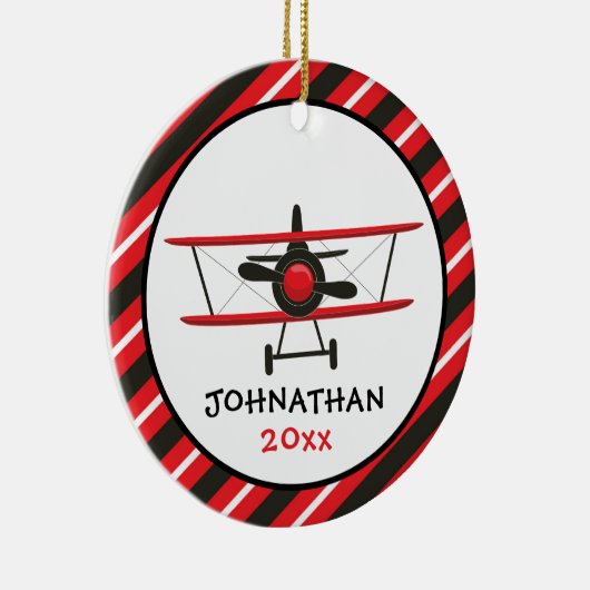 Cute Monogram Red Airplane Stripe Kerstmis Keramisch Ornament (Rechts)