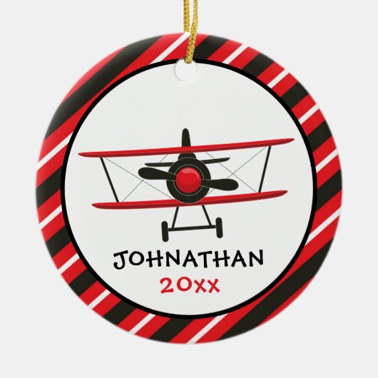 Cute Monogram Red Airplane Stripe Kerstmis Keramisch Ornament (Voorkant)