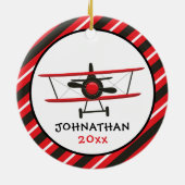 Cute Monogram Red Airplane Stripe Kerstmis Keramisch Ornament (Achterkant)