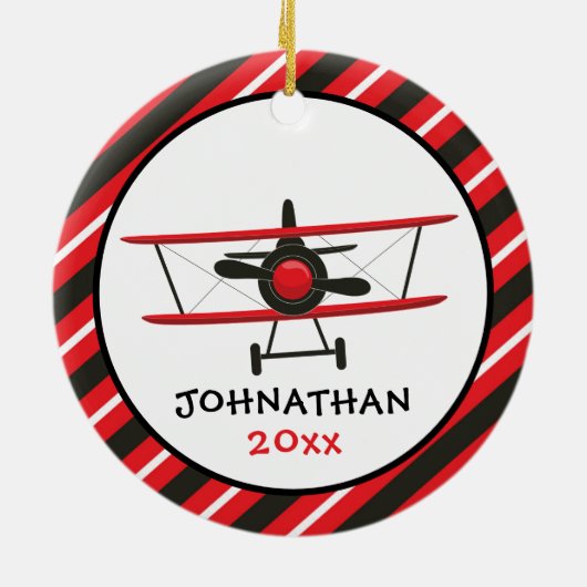 Cute Monogram Red Airplane Stripe Kerstmis Keramisch Ornament (Achterkant)