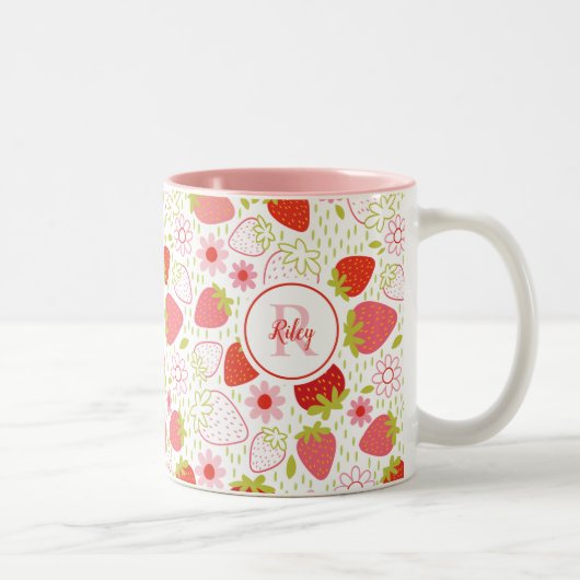 Cute Monogram Red Strawberry Flower Tweekleurige Koffiemok (Rechts)