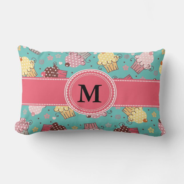 Cute Monogram Roze Blauwgroen en Gele Cupcake Lumb Kussen (Voorkant)