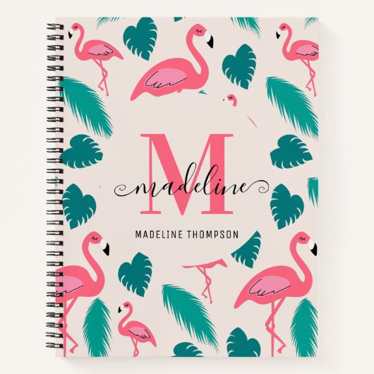 Cute Monogram Tropical Leaves Hot Pink Flamingo Notitieboek (Voorkant)
