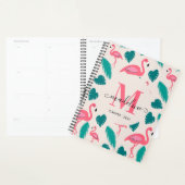 Cute Monogram Tropical Leaves Hot Pink Flamingo Planner (Display)