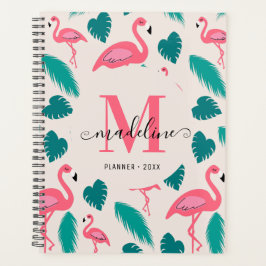 Cute Monogram Tropical Leaves Hot Pink Flamingo Planner