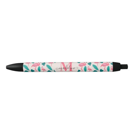 Cute Monogram Tropical Leaves Hot Pink Flamingo Zwarte Inkt Pen (Voorkant)