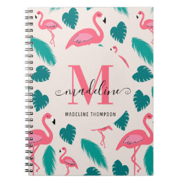 Cute Monogram Tropische Bladeren Roze Flamingo Notitieboek