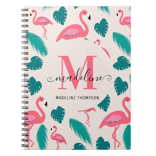 Cute Monogram Tropische Bladeren Roze Flamingo Notitieboek (Voorkant)