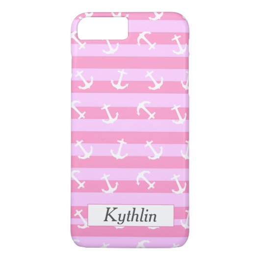 Cute Monogramed Pink Stripes White Anchor Pattern Case-Mate iPhone Case (Achterkant)