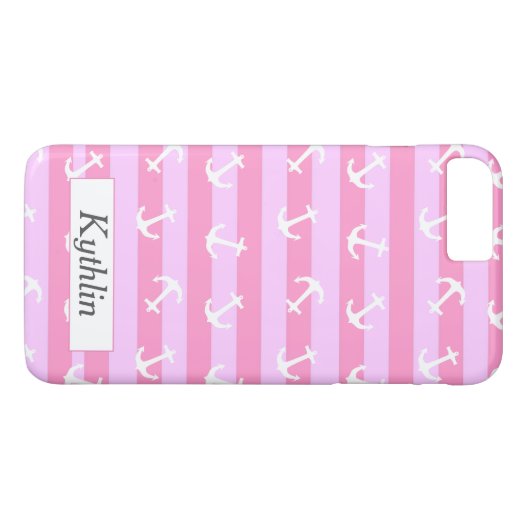 Cute Monogramed Pink Stripes White Anchor Pattern Case-Mate iPhone Case (Achterkant (Horizontaal))