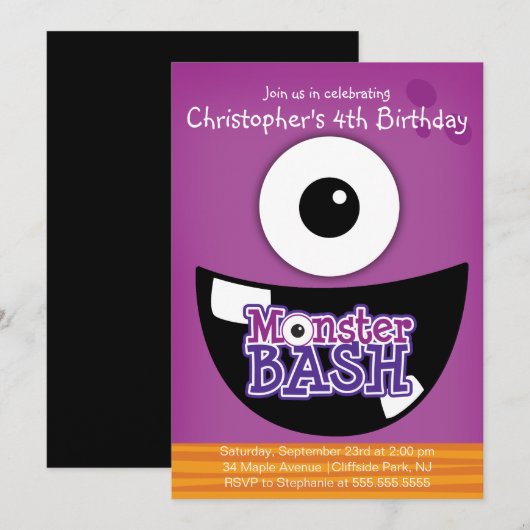 Cute Monster Bash Birthday Party Invitations Kaart (Voorkant / Achterkant)