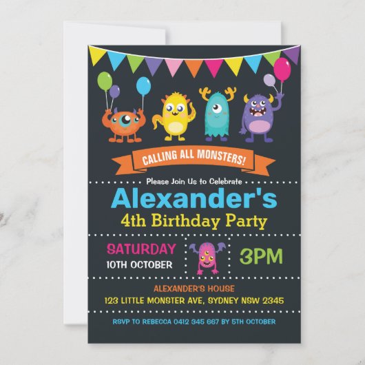 Cute Monster Birthday Party Chalkboard Kaart (Voorkant)