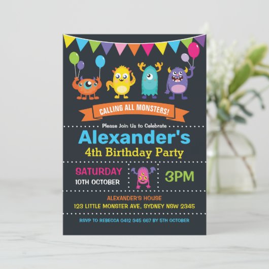 Cute Monster Birthday Party Chalkboard Kaart (Staand voorkant)